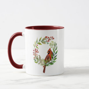 Waterverf Rode Kardinaalvogel Krans Kerstmis Mok
