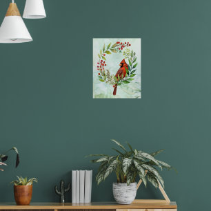 Waterverf Rode Kardinaalvogel Krans Kerstmis Poster