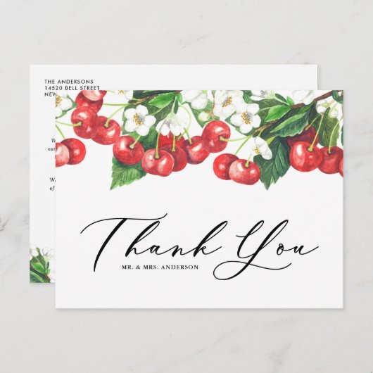 Waterverf Rode Kersen en bloesems Dank u wel Briefkaart (Voorkant / Achterkant)