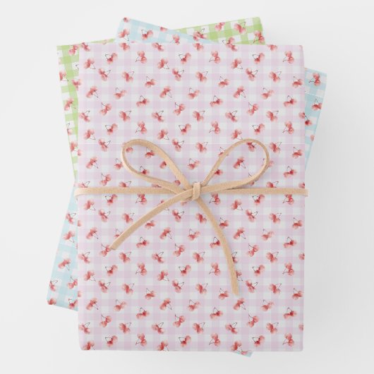 Waterverf Rode Kersen Pastel Kleur Gingham Inpakpapier Vel (In situ)