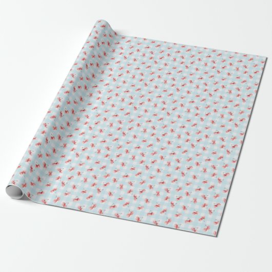 Waterverf Rode Kersenpastel Blauwe Gingham Cadeaupapier (Uitgerold)