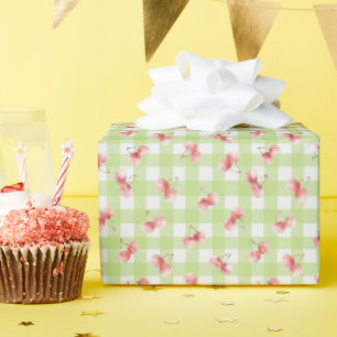Waterverf Rode Kersenpastel Lime Green Gingham Cadeaupapier