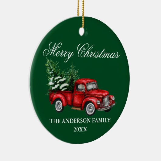 Waterverf  rode kerst met rode vrachtwagen keramisch ornament (Rechts)