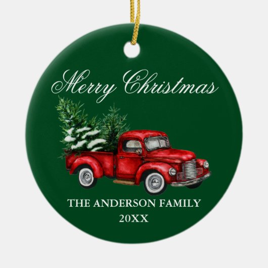 Waterverf  rode kerst met rode vrachtwagen keramisch ornament (Voorkant)