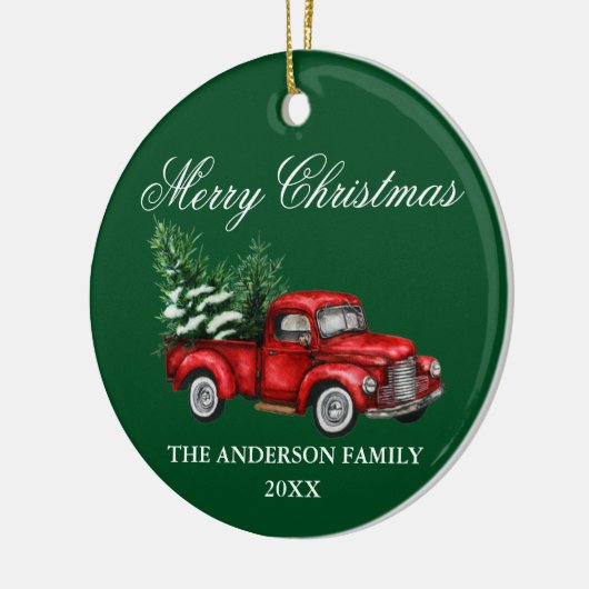 Waterverf  rode kerst met rode vrachtwagen keramisch ornament (Links)