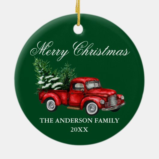 Waterverf  rode kerst met rode vrachtwagen keramisch ornament (Achterkant)