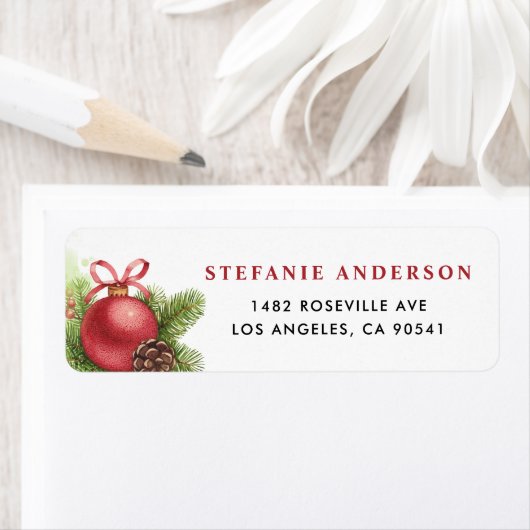 Waterverf Rode Kerstbal Ornament Adres Etiket (Insitu)