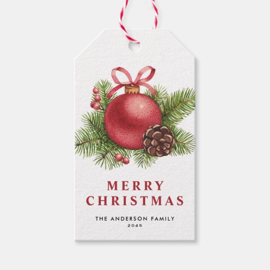 Waterverf Rode Kerstbal Ornament Vakantie Cadeaulabel (Voorkant)