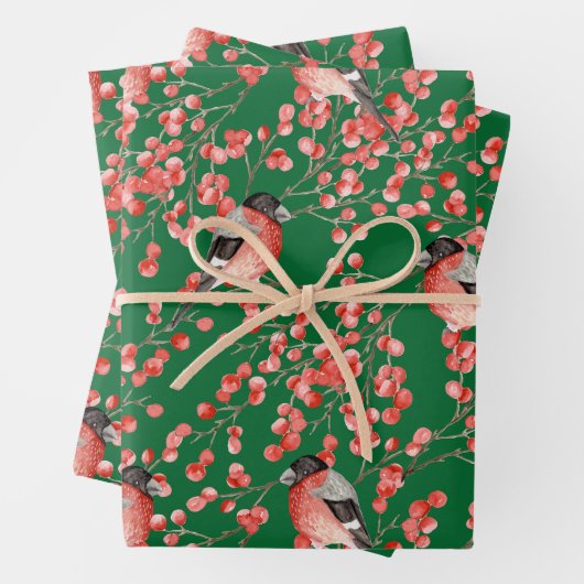 Waterverf rode kerstbessen en vogelgroen inpakpapier vel (In situ)
