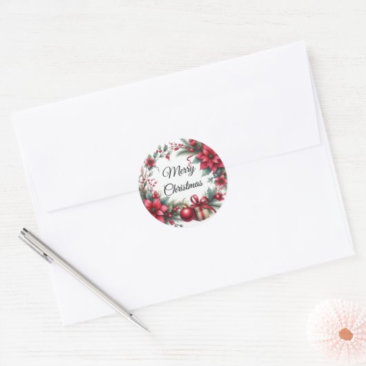Waterverf rode kerstbloem ronde sticker (Envelop)