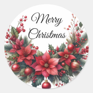 Waterverf rode kerstbloem ronde sticker