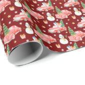 Waterverf rode kerstbomen en sneeuwpoppen cadeaupapier (Rol Hoek)