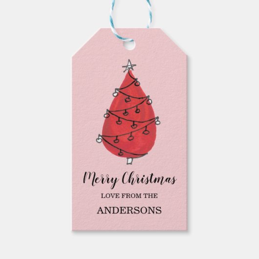 Waterverf rode kerstboom cadeaulabel (Voorkant)
