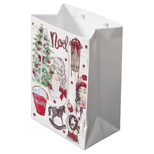 Waterverf Rode Kerstmis Medium Cadeauzakje (Voorkant Gekanteld)