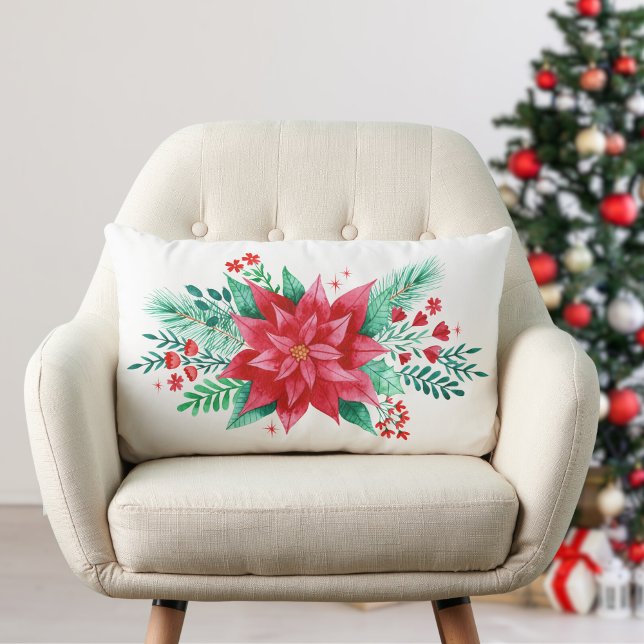 Waterverf rode kerstpunsettia kussen (Watercolor Christmas Poinsettia Flower Lumbar Pillow)