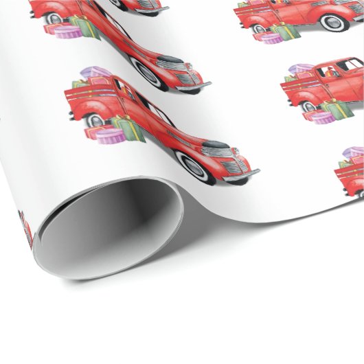  Waterverf Rode Kerstvakantie Vrachtwagen Cadeaupapier (Rol Hoek)