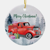  Waterverf Rode Kerstvakantie Vrachtwagen Keramisch Ornament (Voorkant)