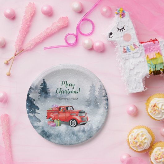  Waterverf Rode Kerstvakantie Vrachtwagen Papieren Bordje (Feest)