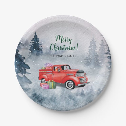  Waterverf Rode Kerstvakantie Vrachtwagen Papieren Bordje (Voorkant)