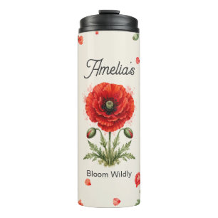 Waterverf Rode Klaproos Bloemige Monogram Botanisc Thermosbeker