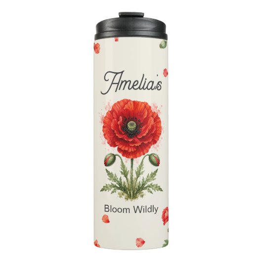 Waterverf Rode Klaproos Bloemige Monogram Botanisc Thermosbeker (Voorkant)