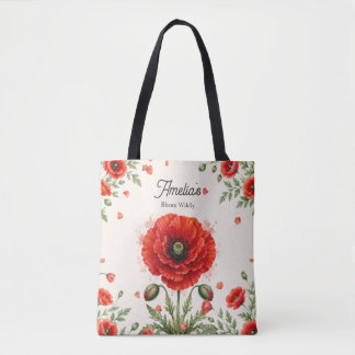 Waterverf Rode Klaproos Bloemige Monogram Meisjesa Tote Bag