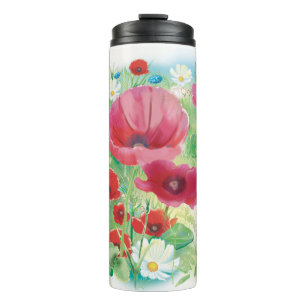 Waterverf rode klaprozen en gele bloemen thermosbeker