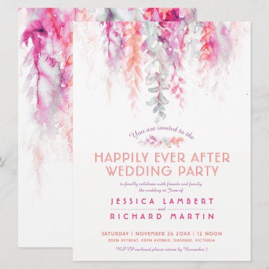 Waterverf rode koraal na bruiloft kaart (Voorkant / Achterkant)