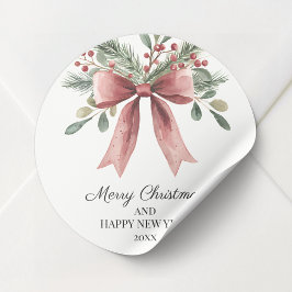 Waterverf Rode Lint Bow Holly Eenvoudige Kerst Ronde Sticker