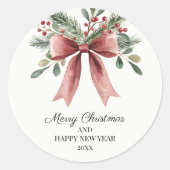 Waterverf Rode Lint Bow Holly Eenvoudige Kerst Ronde Sticker (Voorkant)