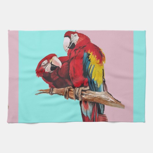 Waterverf Rode Macaw Parrots Kitchen Aqua Pink Theedoek (Horizontaal)