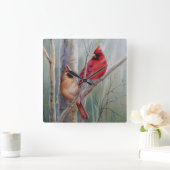 Waterverf rode noordelijke kardinale vogelpest vierkante klok (Huis)