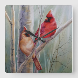 Waterverf rode noordelijke kardinale vogelpest vierkante klok
