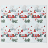 Waterverf Rode Noordse Huizen Sneeuwman Kerst Cadeaupapier (Vlak)
