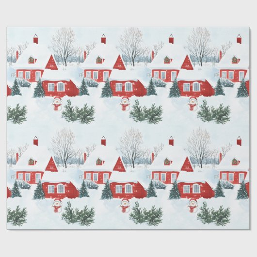 Waterverf Rode Noordse Huizen Sneeuwman Kerst Cadeaupapier (Vlak)