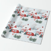 Waterverf Rode Noordse Huizen Sneeuwman Kerst Cadeaupapier (Uitgerold)