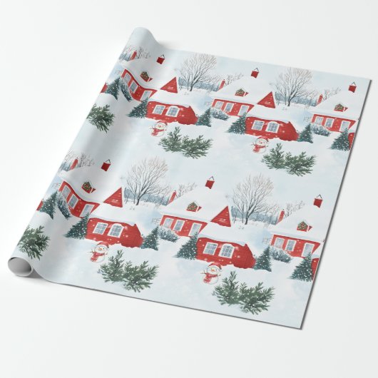 Waterverf Rode Noordse Huizen Sneeuwman Kerst Cadeaupapier (Uitgerold)