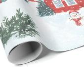 Waterverf Rode Noordse Huizen Sneeuwman Kerst Cadeaupapier (Rol Hoek)