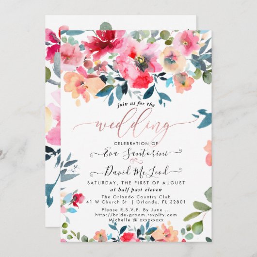 Waterverf Rode Ombre Tuin Rozen Bruiloft Kaart (Voorkant / Achterkant)