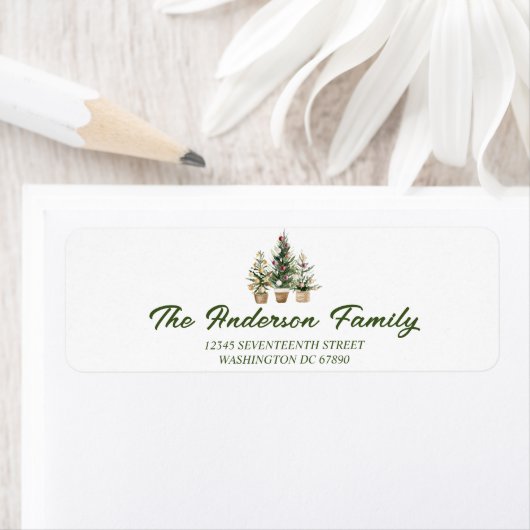 Waterverf Rode Ornamenten Bomen Vrolijk Kerstfeest Etiket (Insitu)