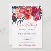 Waterverf rode paarse pioen boeket bruiloft kaart (Voorkant)