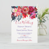 Waterverf rode paarse pioen boeket bruiloft kaart (Staand voorkant)