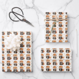 Waterverf Rode Panda's op Off White Inpakpapier Vel