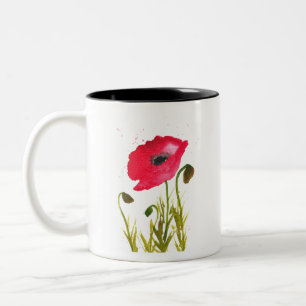 Waterverf rode papaver bloemen chic rustige tweekleurige koffiemok