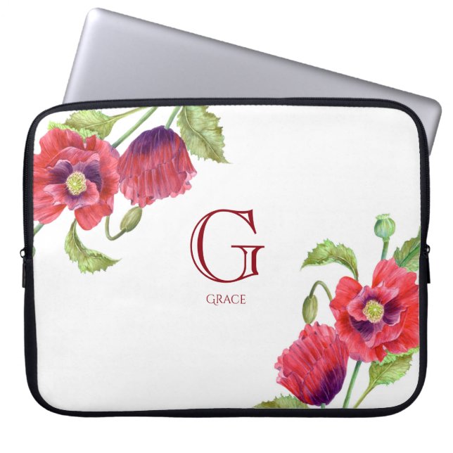 Waterverf Rode papaver Botanische Florenz Monogram Laptop Sleeve (Voorkant)