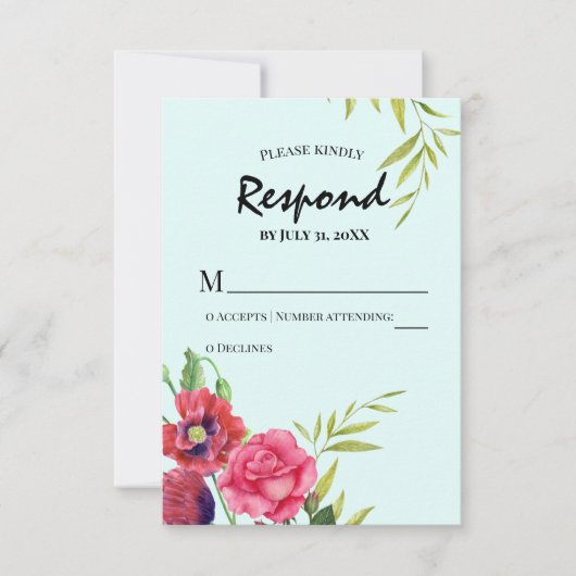 Waterverf Rode papaver roze rozenstruiken bruiloft RSVP Kaartje (Voorkant)