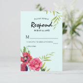 Waterverf Rode papaver roze rozenstruiken bruiloft RSVP Kaartje (Staand voorkant)