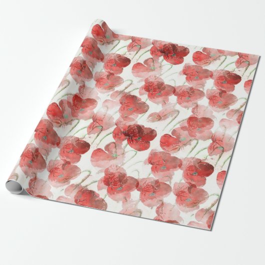 Waterverf Rode papaverbloemen Cadeaupapier (Uitgerold)
