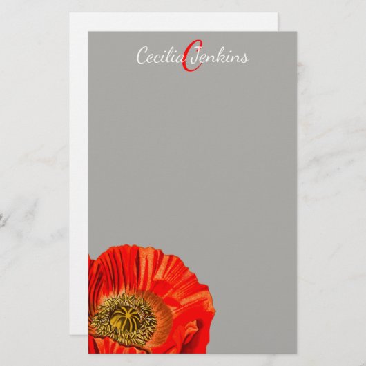 Waterverf Rode papaverventilator en naam Briefpapier (Voorkant / Achterkant)