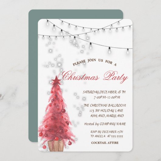 Waterverf rode pineTree,lampjes,kerstfeest Kaart (Voorkant / Achterkant)